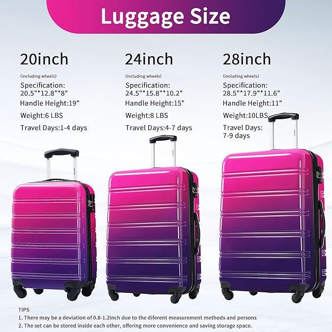 Merax Suitcase Set, Hardshell Luggage Sets 3 Piece with Spinner Wheels, Expandable Gradient Color Suitcase with TSA Lock Lightweight 20" 24" 28", Purple and Pink