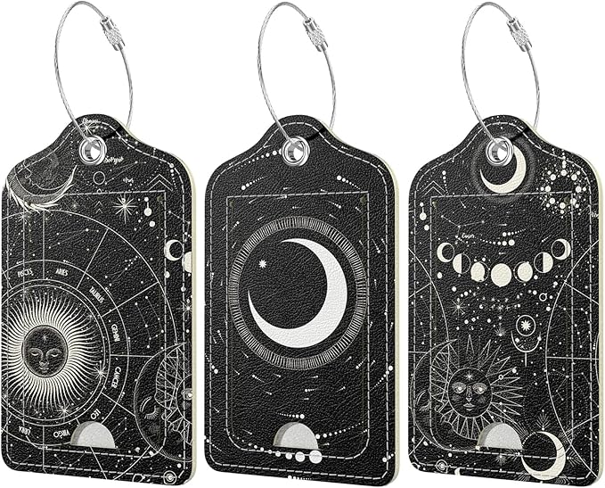 Rimilak 3 Pcs PU Leather Luggage Tags for Suitcase, Travel Cruise Luggage Tag with Privacy Flap, Name ID Label and Metal Loop for Women Men Baggage Handbag School Bag Backpack, Sun Moon