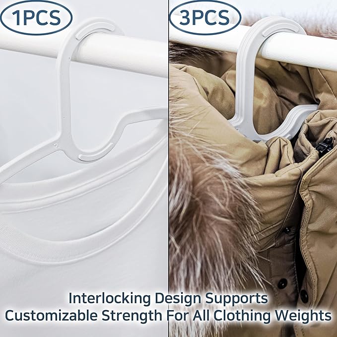 15" Compact Slim & Slimlink Interlocking Clothes Hangers, Space-Saving Lightweight Plastic Hangers for Small Closets, Dorms, Apartments, Travel, RVs & Petite Clothing (White, 50)