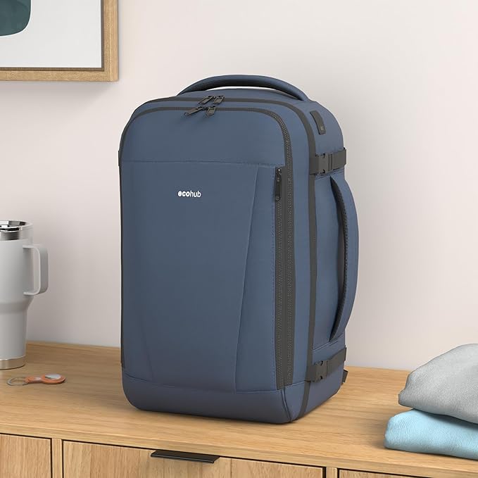 ECOHUB Travel Backpack 18x14x8 Spirit Airlines Personal Item Bag Carry On Backpack 13 Pockets Large Work Casual Daypack for men Airline Approved Waterproof Gym Backpack with Charging Port, Blue