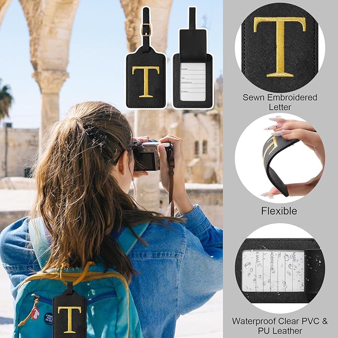 Initial Letter Luggage Tag for Suitcase, Cute Luggage Bag, Waterproof PU Leather Travel Luggage Tag, Suitcase Identifier Name Tag, Monogrammed Suitcases Tags, Bag Tags for Handbags(Black T)