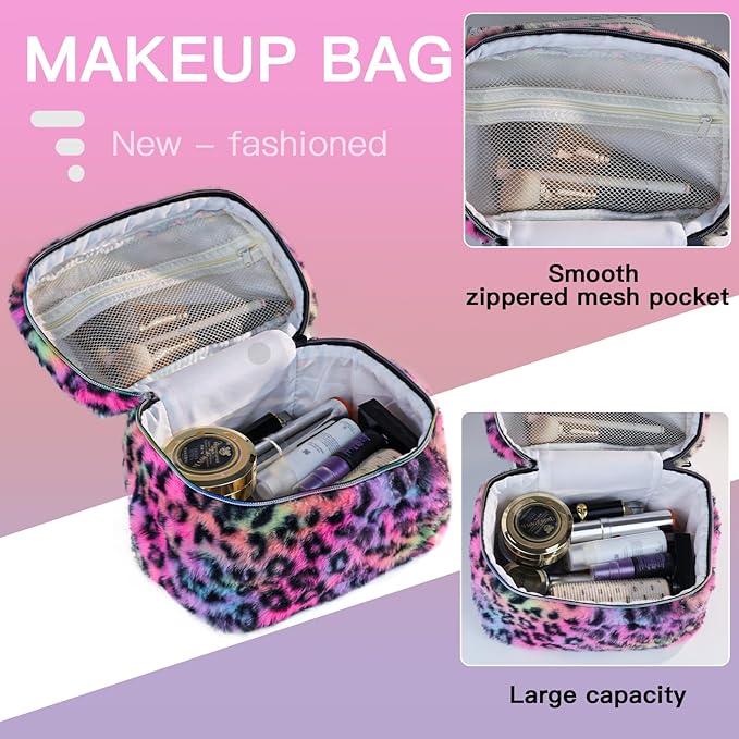 Plush Travel Makeup Bag Toiletry bag for Women Soft Fluffy Cosmetic Bag Portable Foldable (Rainbow Leopard)