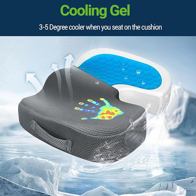 Season Guard Gel Seat Cushion – Office Chair Cushion – Non-Slip Gel Memory Foam Coccyx Cushion for Tailbone Pain - Desk Chair Car Seat Cushion Driving - Sciatica Back Pain Relief, Mesh, Grey