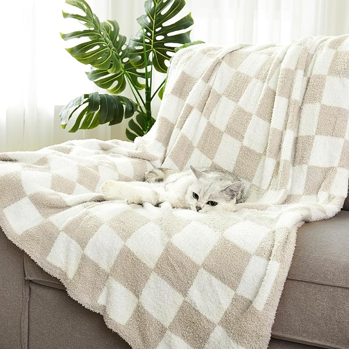 Checkered Throw Blanket, Taupe Soft Cozy Fluffy Knitted Throw Blankets for Couch, Sofa, Bed, Chair, Warm Fuzzy Travel Picnic Lightweight Plaid Blanket, 50x70 inches