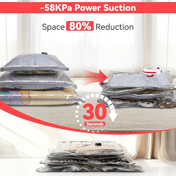 Travel Vacuum Bags with USB and TYPE C Pump Pump,9 Pack Vacuum Storage Bags,vacuum for bags storage, Powerful -58KPa Suction for Luggage,Travel and Home Use for Clothes and Blankets（Red）