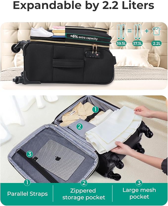 BAGSMART Carry On Luggage 20 Inch,Softside Expandable Suitcase with Spinner Wheels, Luggage 22x14x9 Airline Approved Rolling Lightweight Suitcases for Women Men, Compact Carry-On (Black)