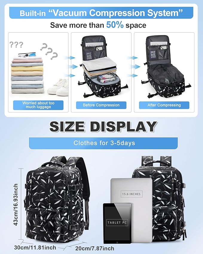 VGCUB Travel Backpack with Vacuum System Carry on 18x14x8 Inches Storage Compression Bags with Electric Pump Work Business Vacpack College Laptop Backpack for Women Men Leafy Black