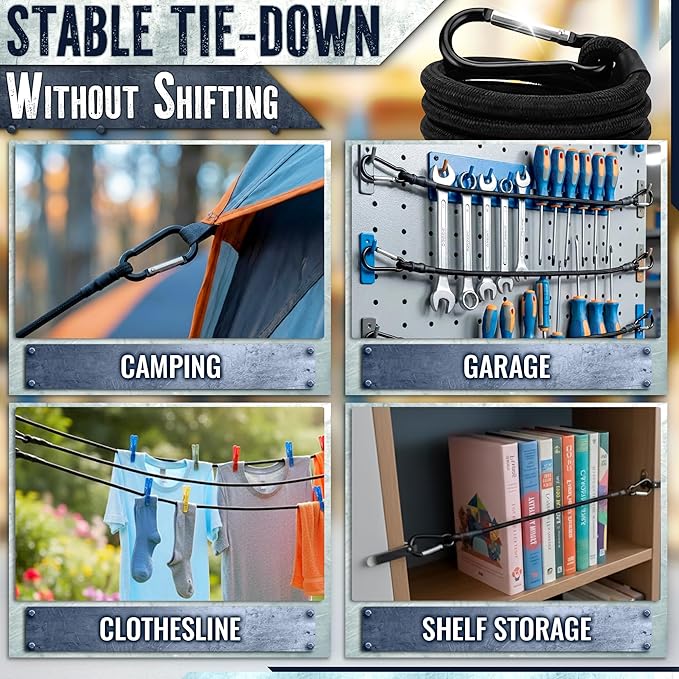 12 Inch Bungee Cords with Heavy Duty Carabiners 4 Pcs – 200 Lbs Load, UV Resistant, Double Braided Rubber & Latex Rope with Carabiner from Anti-Rust Steel | Car, Camp, RV, Kayak, Home and Outdoor Use