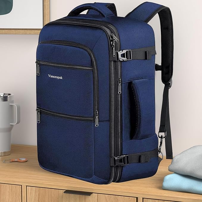 Vancropak Carry On Backpack, 45L Expandable Extra Large Travel Backpack, Flight Approved Water Resistant Luggage Suitcase Daypack, Lightweight Personal Business Weekender Bag for Men & Women, Blue