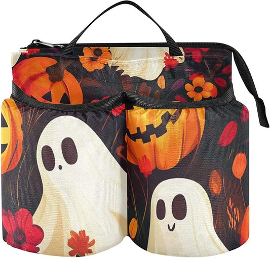 Halloween Ghost Pumpkin and Poppy Luggage Cup Holder Travel Portable Free Hand Drink Carrier Suitcase Drinks Beverage Holder Carry-On Bottle Mug Holder Organizer Bag Travelers Accessories