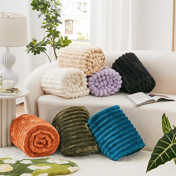 EXQ Home Fleece Blanket Twin Size for Couch or Bed - 3D Stripe Jacquard Decorative Blankets - Cozy Soft Lightweight Fuzzy Flannel Blanket Suitable for All Seasons(60"×80",Camel)