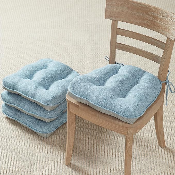 Quilmfoam 16.5"x15.5" Kitchen Chair Cushions Set of 4 for Dining Chair, Soft Tufted Non-Slip Memory Foam Seat Cushion with Ties for Indoor Kitchen Dining Furniture, Light Blue