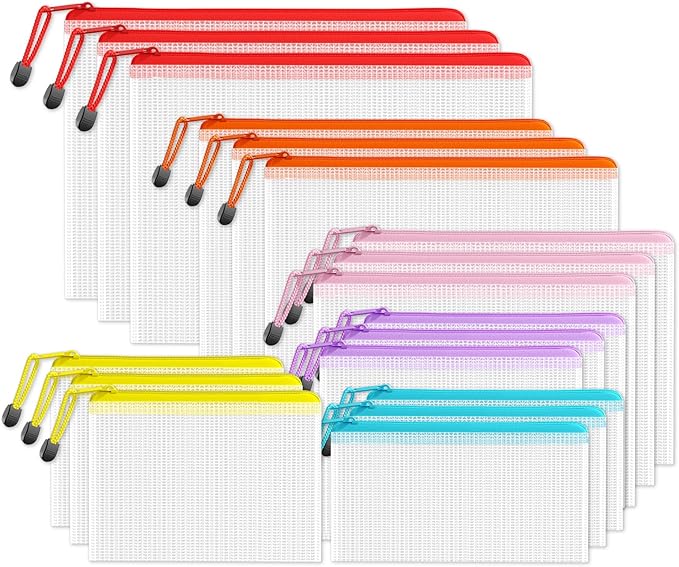 SUNEE Multisize Plastic Zipper Pouches (6 Colors, 18 Packs), Water-Resistant Zip Bag for School Office Supplies, Puzzles & Games Organizing Storage
