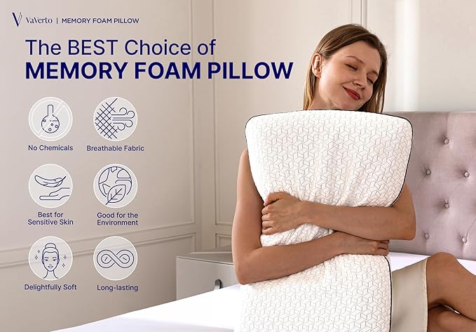 Vaverto Memory Foam Pillow 2-Pack – Cooling Gel-Infused Orthopedic Pillows for Neck and Shoulder Pain Relief, Firm Support with Removable Viscose Made from Bamboo Covers – Set of 2 Standard Size