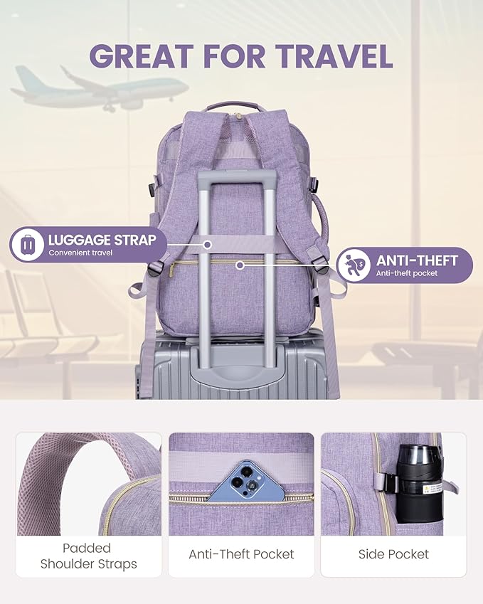 LOVEVOOK Travel Backpack for Women & Men 40L,Airline Approved Carry On Backpack Travel Essentials,TSA Carry on Luggage,Waterproof Personal Item Travel Bag,Suitcase with 3 Packing Cubes,Taro Purple