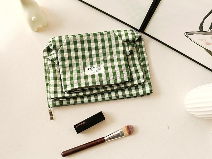 HAPPYHEIDI Large Cute Green Checker Makeup Bag with Compartment Cosmetic Travel Pouch, Nylon Fabric, Purse Organizer, Canvas Lined, Beige Plaid