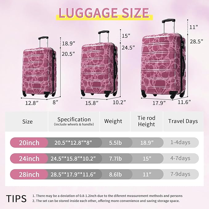 Merax Luggage Sets 3 Piece, Hardside Suitcase Set with Spinner Wheels, Lightweight Printing Luggage Carry on,20+24+28 IN,Purple Pink