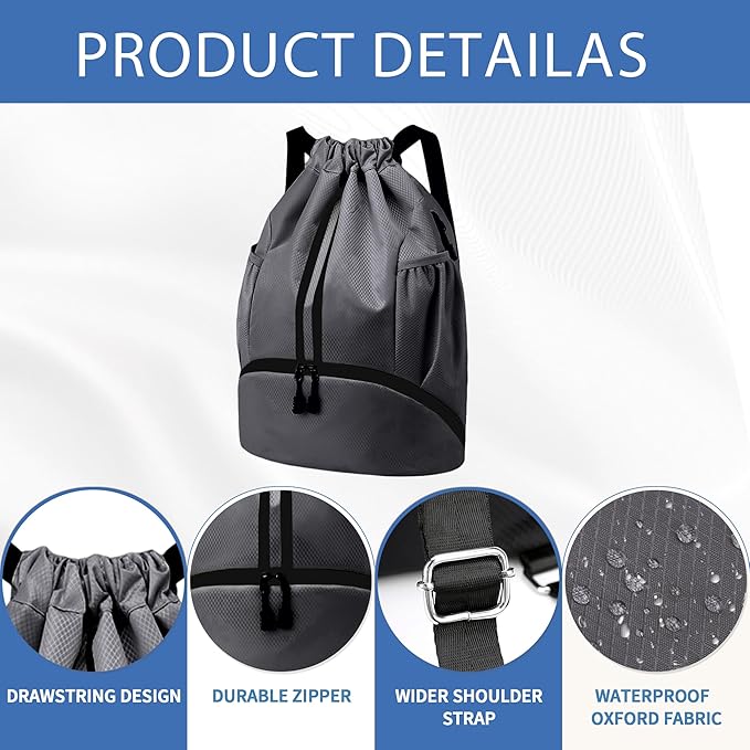Drawstring Backpack Gym Bag with Shoes Compartment for Soccer, Basketball, Swim, Water-Resistant String Backpack Beach Cinch for Women Men, Dark Grey
