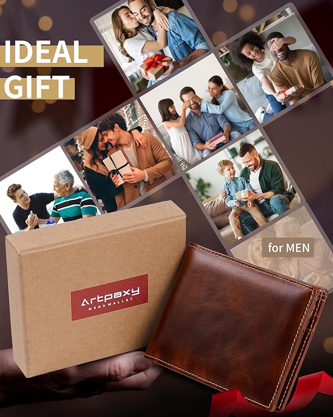 Artpaxy Mens Wallet Bifold Genuine Leather RFID Blocking Wallet for Men with 1 ID Windows 13 Card Holders 2 cash pockets 1 Gift Box