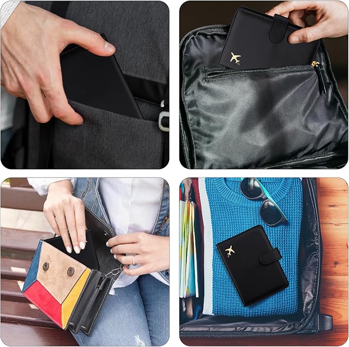 GOAUS Passport Holder for Travel with AirTag Slot Cards Cash Pocket, Faux Leather Travle Wallet Gifts for Women Men RFID Blocking Book Case Black, AirTag Not Included
