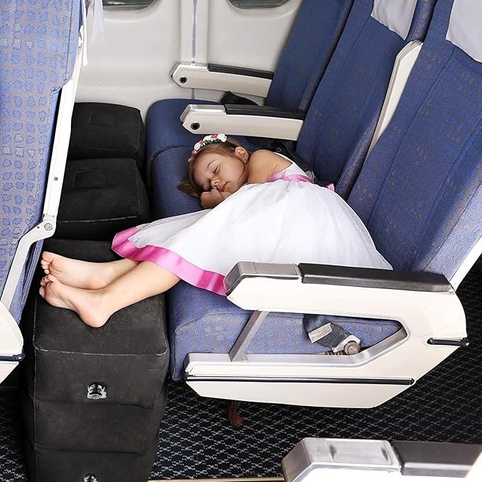 HOMCA Inflatable Travel Foot Rest Pillow (1-Pack) Adjustable Height Leg Pillow Fast Inflating Airplane Bed for Toddlers Footrest Pillow for Office, Airplane, Train, Cars, Home (Black)