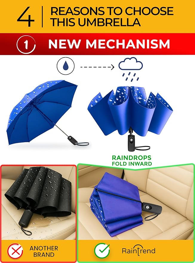 Raintrend Windproof Travel Umbrellas for Rain Automatic +10% Bigger Canopy Strong Frame Compact Folding Portable Umbrella for Women Men Backpack Purse