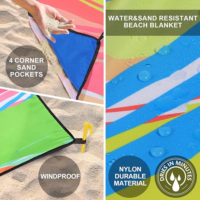 HIHOHO Beach Blanket Waterproof Sandproof Beach Mat for 1-8 Adults Quick Drying Durable Outdoor Picnic Mat for Beach Festival Travel Camping Hiking (Colorful Stick, 79"×83"(4 Person))