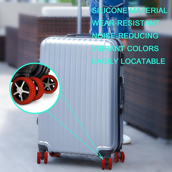 (8 Pack) Silicone Luggage Wheel Covers for 8-Spinner Wheel Suitcases, Mute & Shock Absorption Protector, Wear-Resistant & Noise-Reducing, Perfect for Travel (Red)