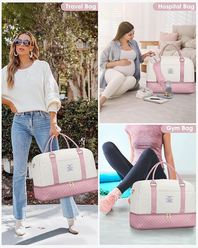 Travel Duffle Weekender Bags for Women: Carry On Bagswith Shoe Compartment Overnight Bag with Toiletry & Wet Pocket Large Tote Hospital for Women Labor Delivery Beige Pink