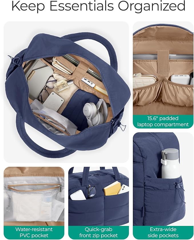 BAGSMART Gym Bag for Women, Lightweight Puffer Duffle Bag 2-PC Travel Bag, 31L Weekender Overnight Bag Quilted Carry On Tote Bag, Diaper Hospital Dance bag for Travel, Gym, Water Resistant, Navy Blue