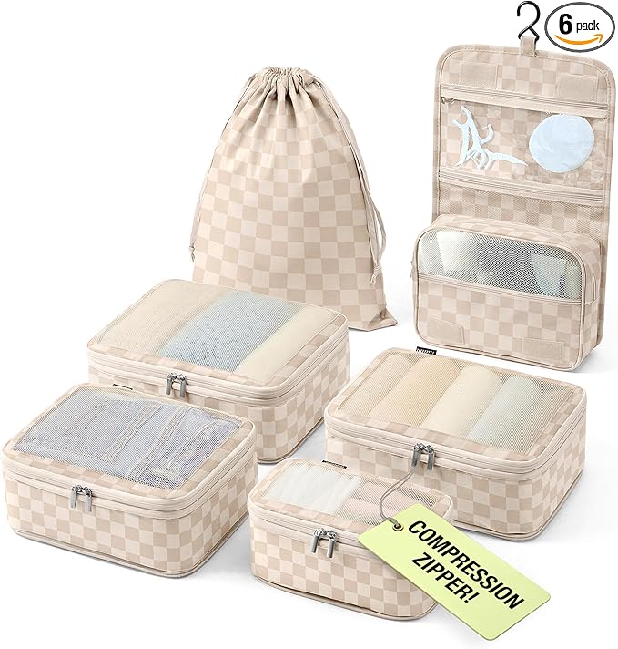 Vandel Space-Saving Compression Packing Cubes for Women with Hanging Toiletry Bag, Laundry Bag, Compressible Carry On Suit Case Organizer Luggage Packing Cubes for Travel Compression Organizer Bags