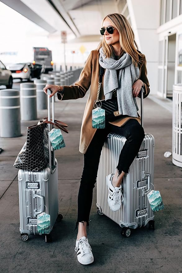 2 Pack Luggage Tags Travel Green Mountains Peaks Spectacular PU Cute Leather Luggage Tag Name ID Labels with Privacy Cover Suitcases Women Men Girls Boys Fun Laggage Tags(Mountain top)