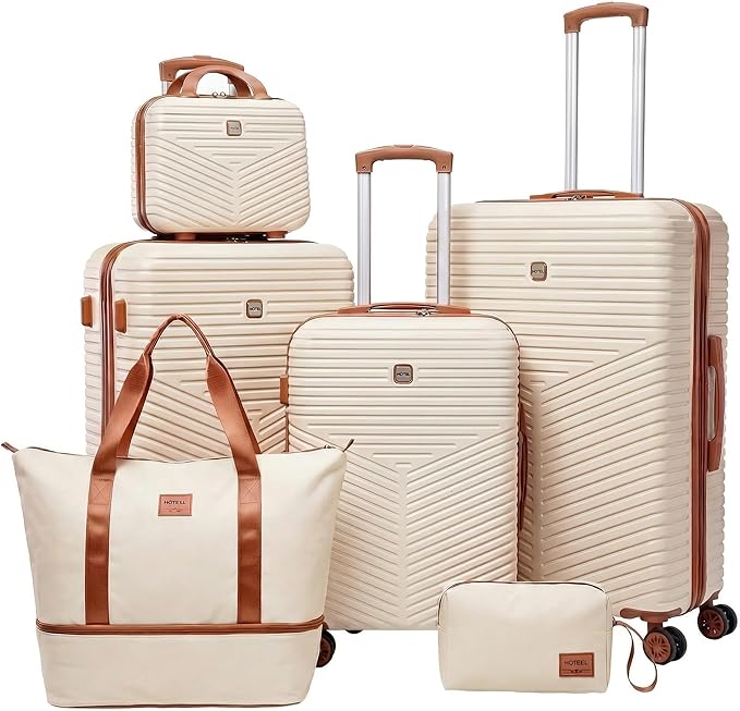 Hoteel Luggage Sets 6 Piece ABS+PC Hardside, 4-Year Warranty, Luggage Set with Spinner Wheels, TSA Lock, Lightweight Carry on Luggage, 13"/20"/24"/28" Suitcase with Duffel & Organizer, Beige
