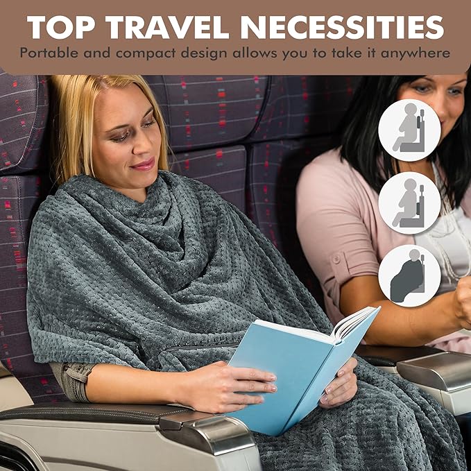 Tirrinia Travel Blanket and Pillow Set, Soft Compact Airplane Blanket with Foot Pockets, 4-in-1 Travel Essentials for Women Men, Portable Travel Gifts for Her, Travel Blanket for Airplanes, Cars