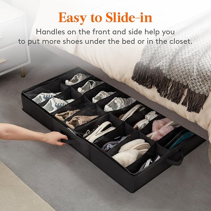 Lifewit Under Bed Shoe Storage Organizer 4 Pack(2x16 Pairs+2x4 Pairs), 4.3" Tall Fabric Shoes Container Box, Foldable Closet Shoe Bag with 2 Reinforced Handles and Clear Cover, Black