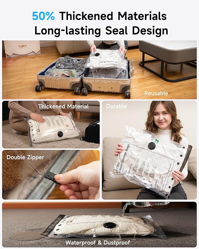 12 Pack Travel Vacuum Bags with Cordless Electric Pump, 4 Sizes Space Saver Vacuum Storage Bags for Luggage and Suitcase,Compression Bags for Packing, Vacuum Seal Bags for Clothing Travel