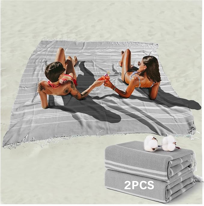 2 Pack Giant Huge Thin Boho Throw Blanket Turkish Beach Blanket Towel Jumbo Extra Large XL XXL Big Oversized Outdoor Picnic Accessories Travel Essentials Camping Gears Must Haves Yard Yoga Mat Grey