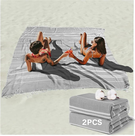 2 Pack Giant Huge Thin Boho Throw Blanket Turkish Beach Blanket Towel Jumbo Extra Large XL XXL Big Oversized Outdoor Picnic Accessories Travel Essentials Camping Gears Must Haves Yard Yoga Mat Grey