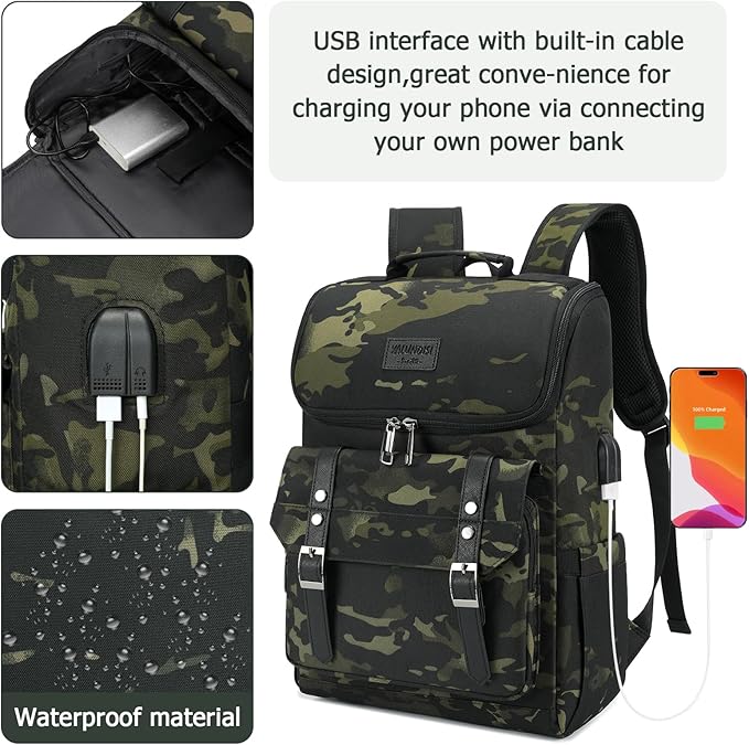 YALUNDISI Vintage Backpack Travel Laptop Backpack with usb Charging Port for Women & Men College Backpack Fits 15.6 Inch Laptop Camouflage Green