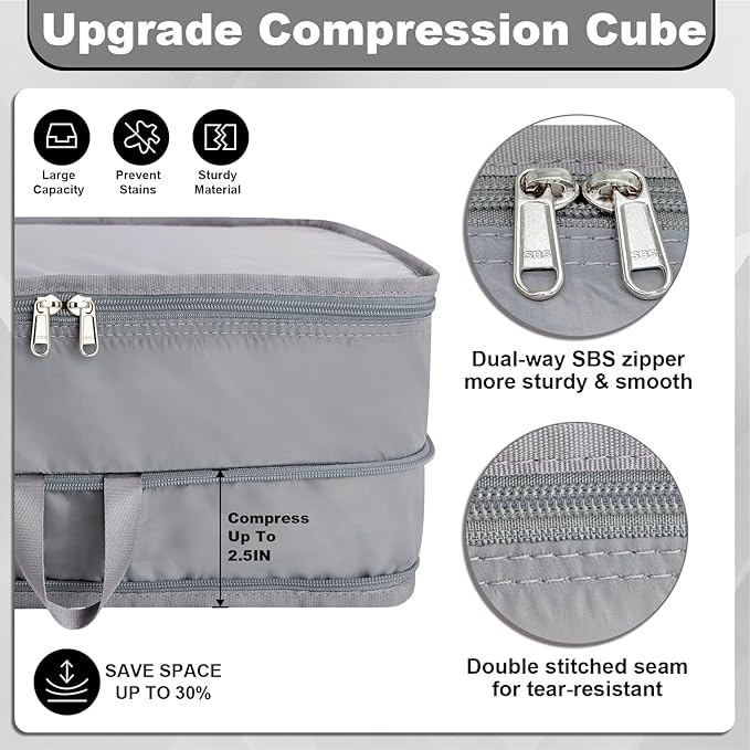 Compression Packing Cubes for Travel Essentials, 2pc Expandable Travel Cubes for Packing Bags Suitcase Organizer, Grey