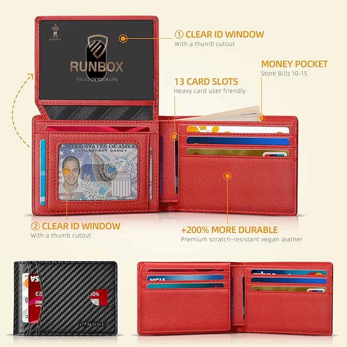 RUNBOX Wallet for Men Slim Rfid Leather 2 ID Window With Gift Box | Slim, Rfid, 2 ID Window, With Gift Box, Slim, Rfid