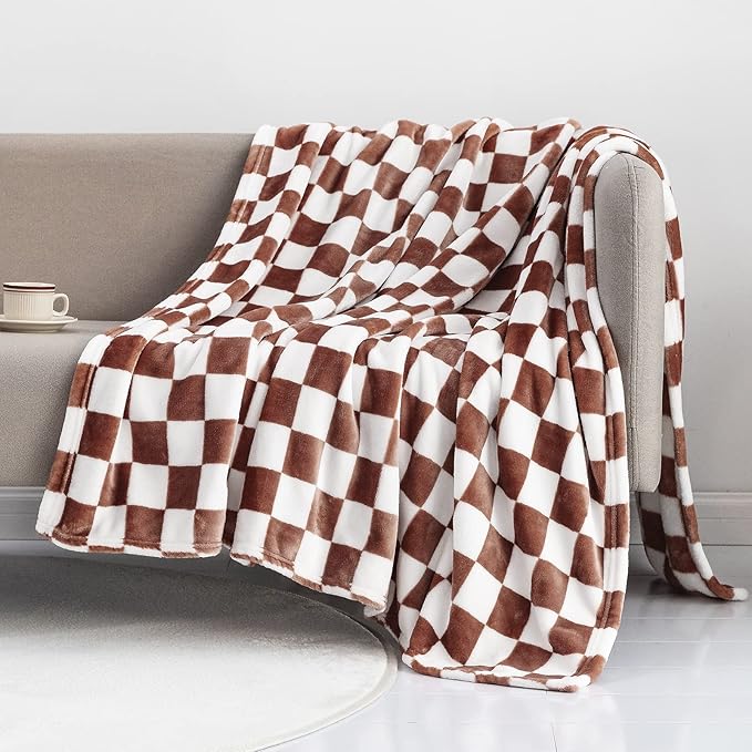 LOMAO Throw Blankets Flannel Blanket with Checkerboard Grid Pattern Soft Throw Blanket for Couch, Bed, Sofa Luxurious Warm and Cozy for All Seasons (Coffee, 60"x80")