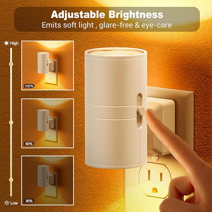 JandCase Amber Night Lights Plug into Wall, Dimmable Night Light Plug in | Modern Night Lights Auto On/Off, Amber Night Light, 0-100LM Adjustable Brightness Nightlight for Hallway Bedroom, 2 Pack