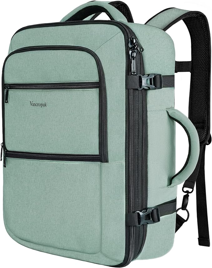 Vancropak Travel Bag, Large 40L Carry on Backpack Airline Approved Expandable Suitcase Daypack, Water Resistant Travel Backpack Overnight Lightweight Luggage Weekender Bag for Flight Men Women, Cyan