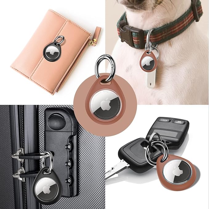 UNBREAKcable Holder for Apple AirTag - 4 Pack [Fit Tightly Design] [Easy to Install] [Hold Air Tag Securely] Waterproof TPU Shell Protective Case with All Metal Keychain Key Ring Clip (Black&Brown)