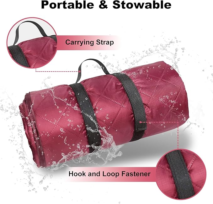 Waterproof Outdoor Blanket 82”X 55” Packable, Stadium Blankets for Camping with Quilted Fleece Lining, Large Windproof Emergency Throw Mat for Garss Picnic Hiking Road Trip, Machine Washable, Wine