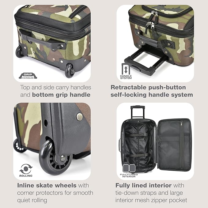 U.S. Traveler Rio Lightweight Softside Rolling Carry-on Suitcase, 2-Wheel Set, Camouflage