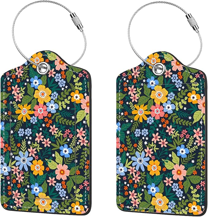2 Pcs Luggage Tags for Suitcase, Cute Unique PU Leather Travel Bag Tag with Privacy Cover ID Label Address Card and Durable Metal Ring Suitable for Men Women Children Backpack,Flower