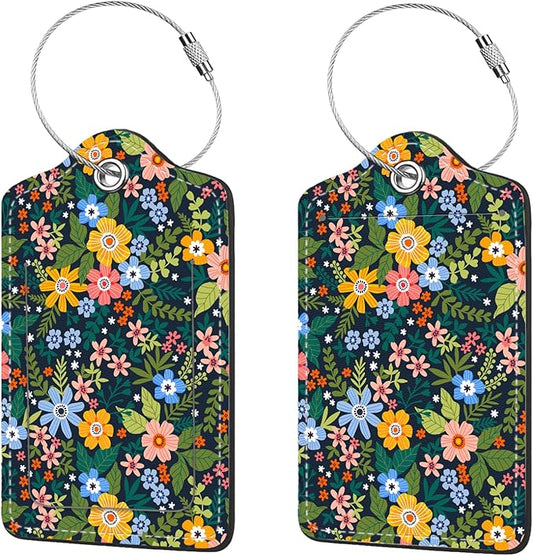2 Pcs Luggage Tags for Suitcase, Cute Unique PU Leather Travel Bag Tag with Privacy Cover ID Label Address Card and Durable Metal Ring Suitable for Men Women Children Backpack,Flower