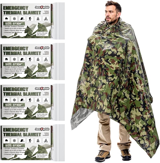 SecuCaptain Survival Emergency Thermal Blankets: Thicken 28um Space Mylar Blanket Kit for Outdoor Cold Winter Camping, Hiking, Car Bug Out Bag, or First Aid - Woodland Camo 4 Pack